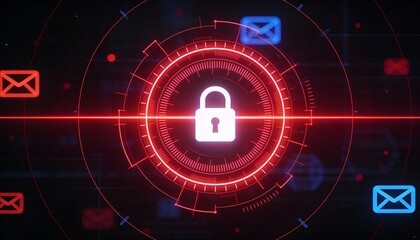 Digital padlock icon on a red glowing circuit representing cybersecurity with copy space 
