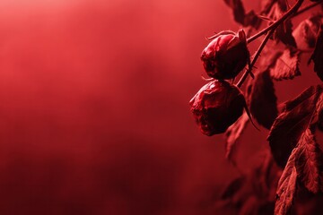 Two withered rosebuds hang from a dark stem against a vibrant red background