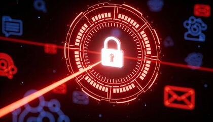 Digital padlock icon on a red glowing circuit representing cybersecurity with copy space 