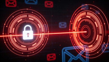 Digital padlock icon on a red glowing circuit representing cybersecurity with copy space 