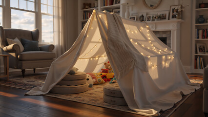 Cozy blanket fort with fairy lights in a living room. Children's play tent made of sheets and pillows. Indoor camping and childhood imagination concept