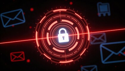 Digital padlock icon on a red glowing circuit representing cybersecurity with copy space 