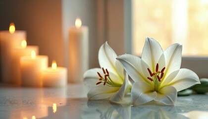 White lilies lie next to burning candles in soft light. Floral arrangement for funeral service. Memorial day or remembrance. Sympathy card with white lily flowers and flame. Sorrow in closeup. © Maryna