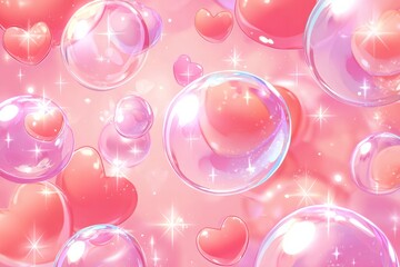 Numerous sparkling soap bubbles and glossy hearts fill a soft pink background illustration