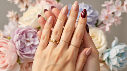 Elegant manicure with burgundy and nude nails. Woman hands wearing gold jewelry rings on floral background. Spring beauty concept