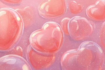 Numerous translucent heart shapes float within a shimmering pink atmosphere