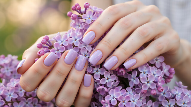 Female hands with glossy lilac nail polish holding blooming purple flowers. Spring beauty and nail care concept
