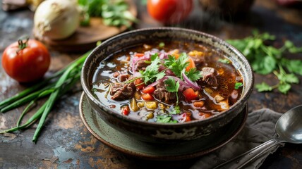 A dish of Georgian cuisine.
Georgian-style solyanka with red wine is a stewed meat dish, which is considered an adaptation of the hot second course in Georgian cuisine.