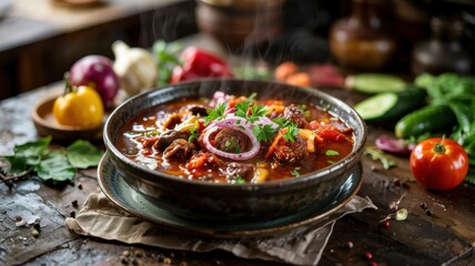 A dish of Georgian cuisine.
Georgian-style solyanka with red wine is a stewed meat dish, which is considered an adaptation of the hot second course in Georgian cuisine.