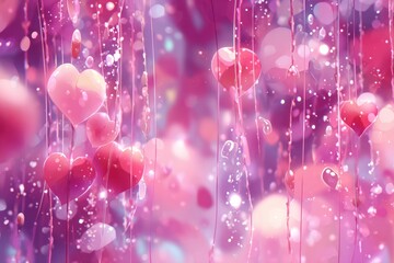 Numerous luminous heart shapes dangle amidst falling sparkling droplets in a soft pink and purple ambiance
