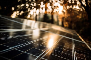 Sunlight reflects vibrantly off the surface of dark photovoltaic panels installed outdoors.