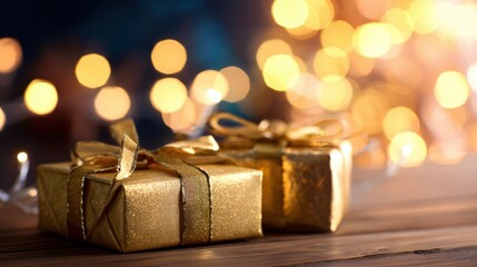 Bright golden gifts sit on a wooden table with lights in the background
