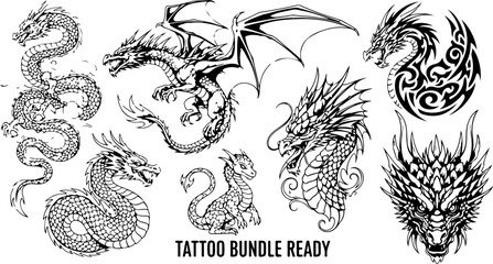 Medieval Winged Dragon Crests & Mythical Flying Beast Silhouette Set
