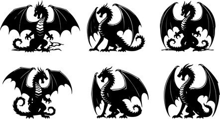 Medieval Winged Dragon Crests & Mythical Flying Beast Silhouette Set