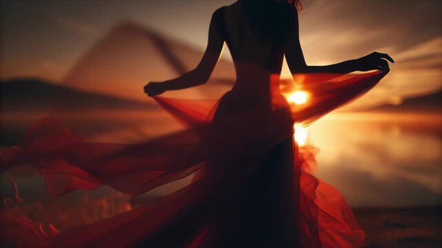 video of silhouette of a woman twirls in a flowing red gown at sunset, elegant motion framed by warm cinematic light and a dramatic romantic atmosphere