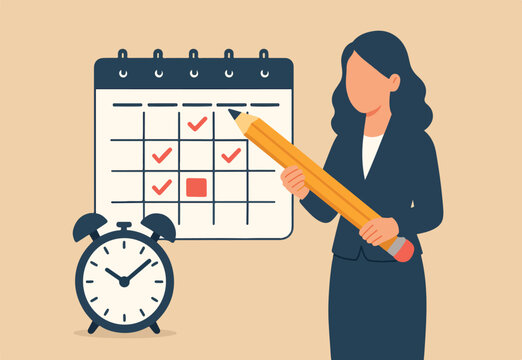 Work schedule or syllabus calendar, planning for appointment and event, project management timeline, or business deadline reminder concept, woman holding pencil with schedule calendar and alarm clock