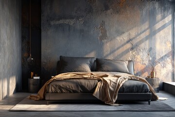 Modern bedroom interior features a low-profile bed against a textured, distressed wall illuminated by natural sunlight.