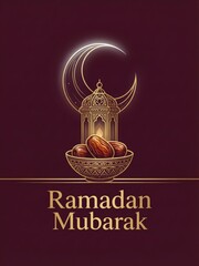 Elegant ramadan mubarak greeting with golden crescent moon, lantern, and dates