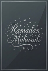 Elegant ramadan mubarak greeting card design with silver calligraphy and stars on dark background