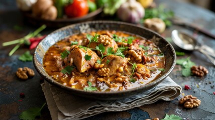 A dish of Georgian cuisine.
Chicken kharcho with nuts.