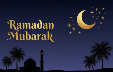 Ramadan mubarak greeting with golden moon, stars, mosque, and palm tree silhouettes
