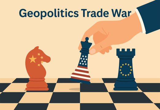 Geopolitics world country trade alliance, diplomacy with superpower nations, relationship or negotiation for trade war, tariff or sanction concept, hand playing chess to win geopolitics trade war