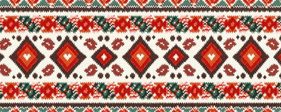 Romanian folk art pattern textile. Traditional ethnic ornament design with geometric elements. Seamless fabric texture. Decorative vintage style illustration perfect for fabric prints.