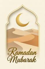 Ramadan mubarak greeting card with golden crescent moon and desert dunes in an elegant arch design