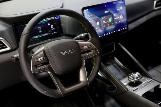 Close up of inside of Byd Seal U Dm-I SUV plug-in hybrid car. Automotive industry. Photographed in ambiental light. Romania, Bucharest, October 2025.
