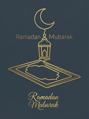 Elegant ramadan mubarak greeting with golden crescent moon, lantern, and holy quran outline
