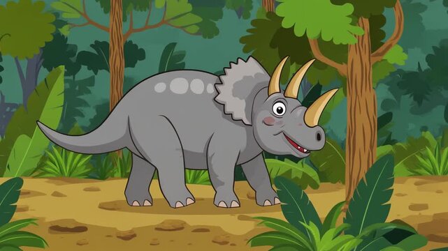 Cute triceratops walks in the forest setting