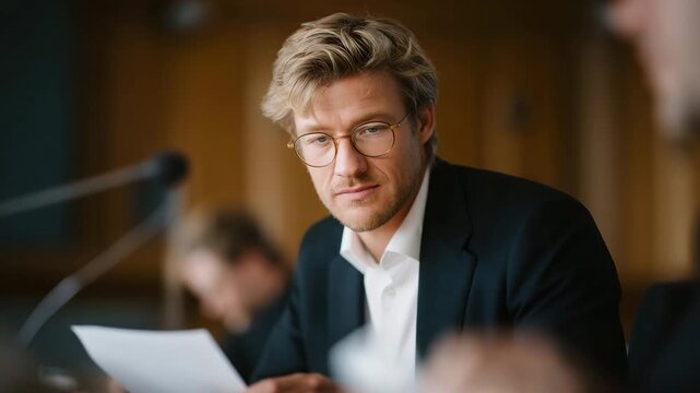 Council chairperson speaking into a microphone while other members review agendas and notes, highlighting leadership, governance, and structured debate. cinematic color correction, natural uneven