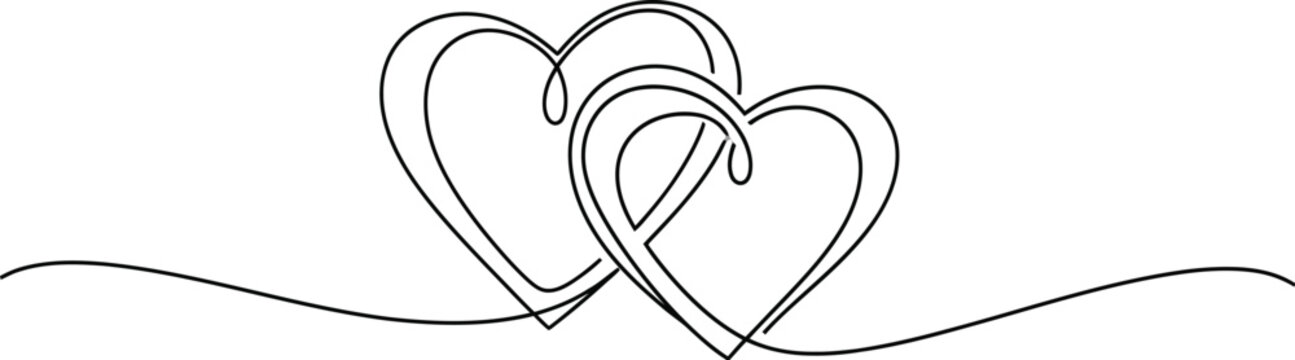 Continuous single line drawing of two intertwined hearts symbolizing eternal love and deep romantic connection for Valentine's Day or weddings