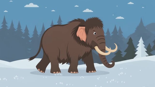 An illustration of a woolly mammoth wandering through a snowy landscape. The illustration depicts the animal with long, curved tusks, a shaggy coat, and a forest background under a night sky. 