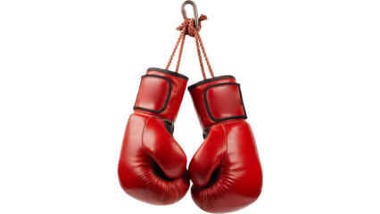 Red boxing gloves hanging from a metal hook with orange rope on white background for sports and fitness concepts with sports with athletic isolated on white or transparent PNG.