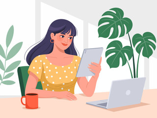 A young woman wearing a polka dot top enjoys her coffee while using a tablet at a stylish modern workspace filled with greenery and natural light, highlighting a relaxed atmosphere.