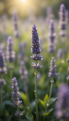 Obraz premium Lavender bloom purple buds dew drops sunny day blurred green foliage