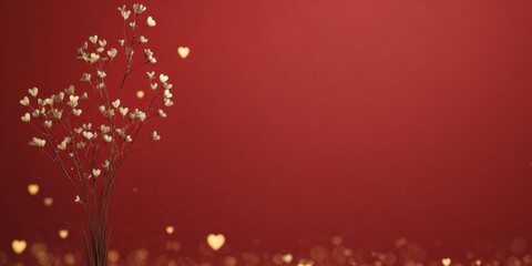 Delicate dried plant adorned with tiny heart shapes rests against a rich crimson background with scattered bokeh lights