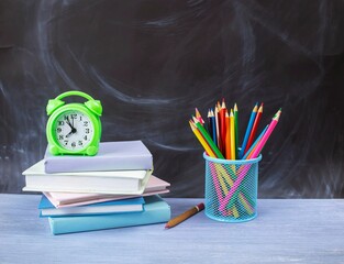 Back to school concept, stack of books, colored pencils and alarm clock on table near blackboard.