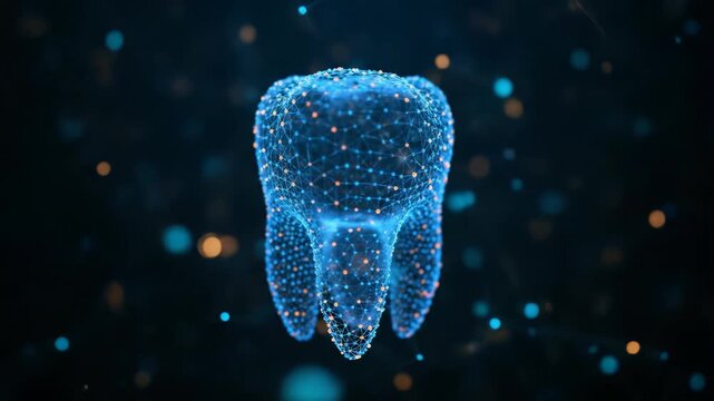 Futuristic digital molar tooth visualized by blue glowing wireframe mesh structure on a dark background, concept for advanced dental diagnostics, telehealth presentation and modern medical innovation