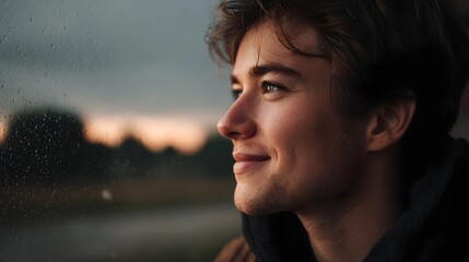 A young man smiles softly while looking out a rain streaked window at a colorful sunset