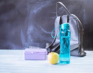 Backpack, lunch box, apple and water bottle on table near school blackboard, back to school concept