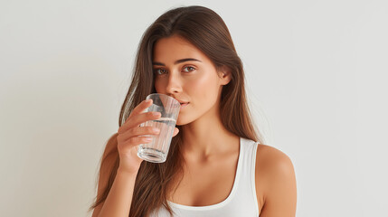 Latina Woman Drinking Water from Glass in Close-Up Side View on White Background