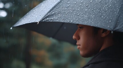 Young person sheltering under an umbrella on a rainy day looking thoughtful