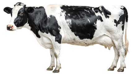 Black and white cow standing isolated on transparent background looking left