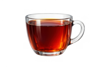 Glass mug filled with dark black tea, a warm, comforting, and invigorating hot drink for relaxation or energy. Transparent background