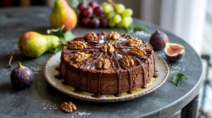 A dish of Greek cuisine.
Walnut cake with chocolate and olive oil.