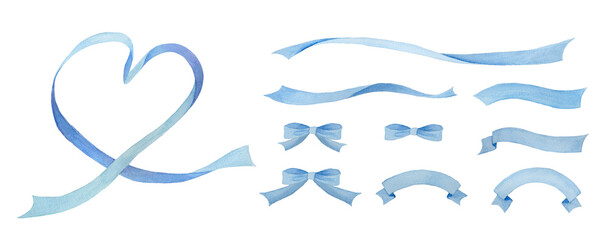 くすみブルーリボンのセットWatercolor Blue Ribbon Elements Set with Heart Shape Isolated on Transparent Background-300dpi-