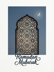 Ramadan mubarak greeting with a crescent moon above an ornate islamic arch window