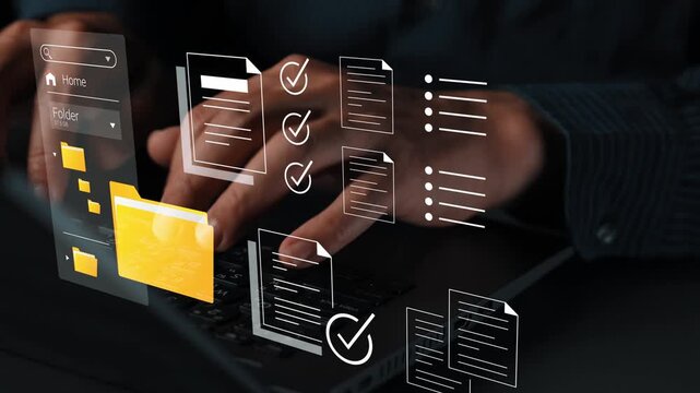 Hands Typing on Laptop with Digital Interface Displaying Files, Folders, Checklists, and Document Management for Business and Organizational Purposes Gluon.